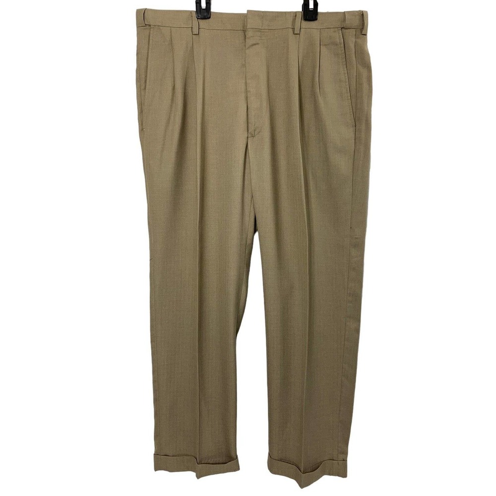 Haggar Dress Pants Mens 36 x 28.5‎ Light Brown Slacks Pleated Front Cuffed Leg